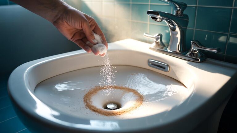 Illustration of baking soda being sprinkled into a toilet bowl to remove stubborn stains with gentle abrasion