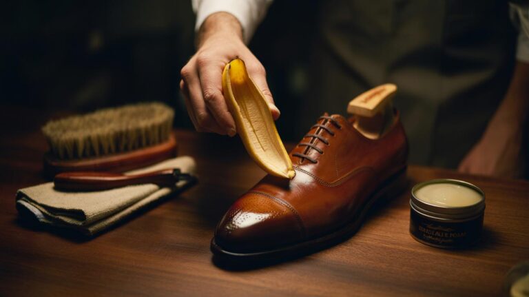 Illustration of a hand polishing a leather dress shoe with the inside of a banana peel to restore a lustrous shine