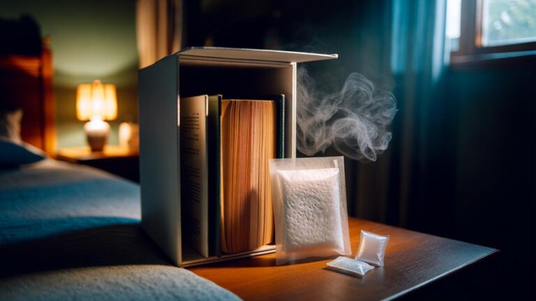 Illustration of a dryer sheet in a separate paper pouch near a closed book inside a breathable box to neutralise musty odours overnight