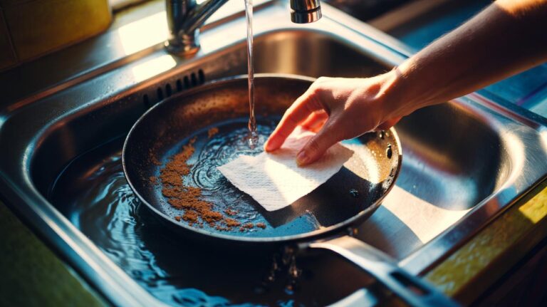 Illustration of a dryer sheet loosening burnt-on residue from a scorched stainless-steel pan in a sink