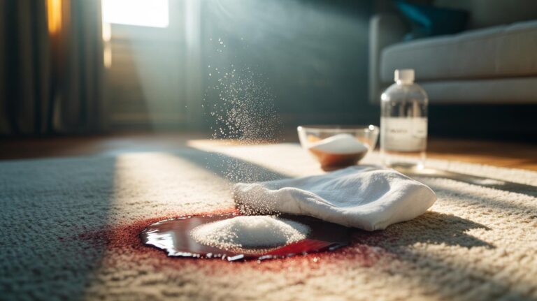 Illustration of baking soda sprinkled on a carpet stain with a hand blotting the area