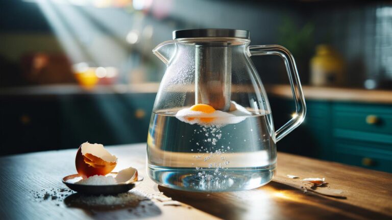 Illustration of clean, crushed eggshells added to hard water to raise pH quickly via calcium carbonate