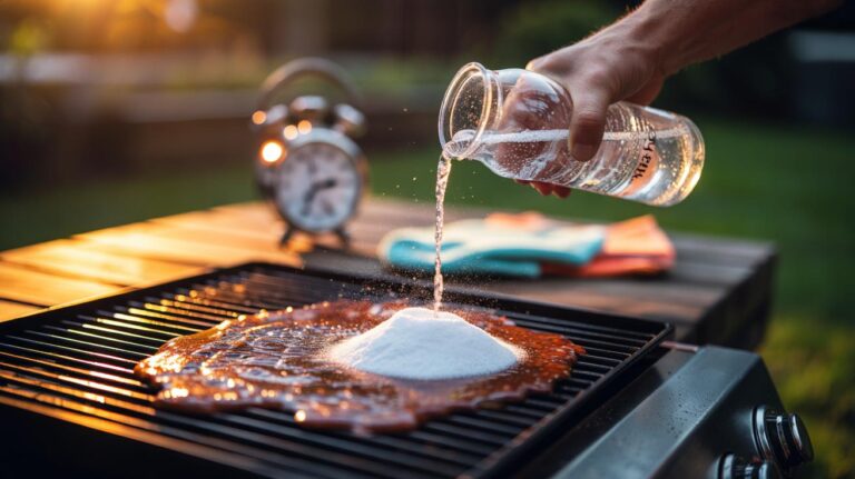 Illustration of baking soda and carbonated water fizzing to lift BBQ stains in 2 minutes