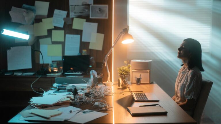 Illustration of a clutter-free, well-organized home workspace that reduces cognitive load and anxiety