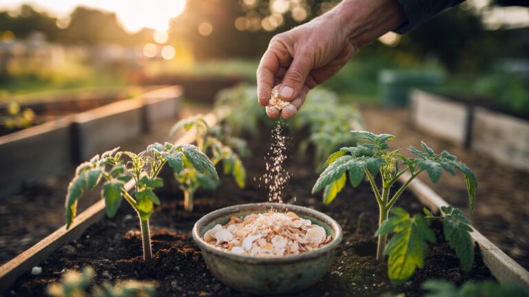 Illustration of powdered eggshells being sprinkled into moist vegetable bed soil around tomato seedlings to boost calcium and enrich nutrients in days