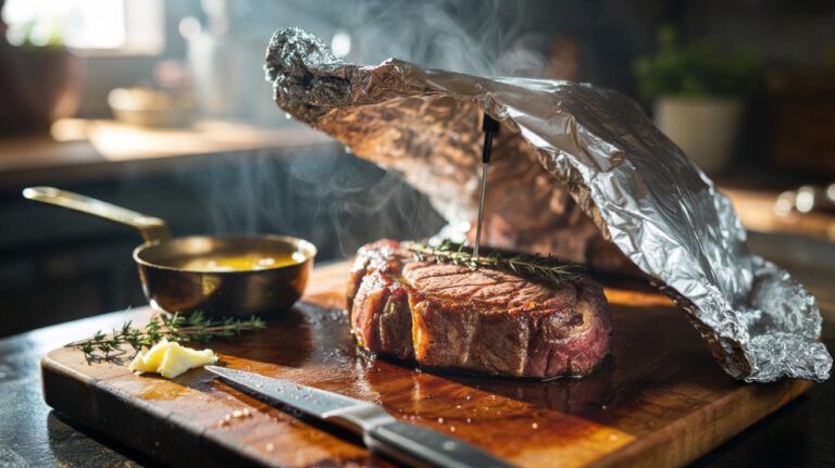 Illustration of a seared steak resting under a loose foil tent for a 10-minute rest to lock in juices