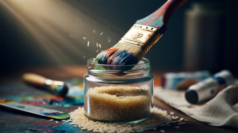 Illustration of rice granules gently abrading paintbrush bristles to free caked pigment
