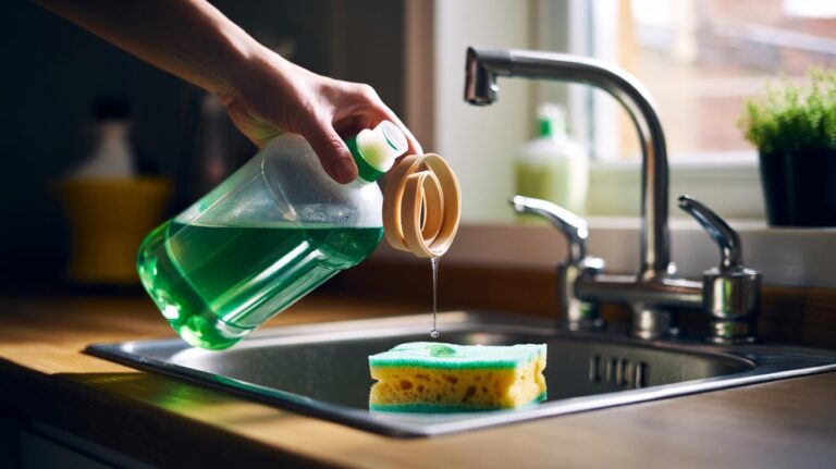 Illustration of a washing‑up liquid bottle with a rubber band around the neck to restrict flow and reduce detergent use