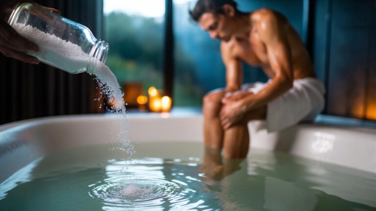 Illustration of salt being poured into a warm bath to ease muscle pain through mineral infusion