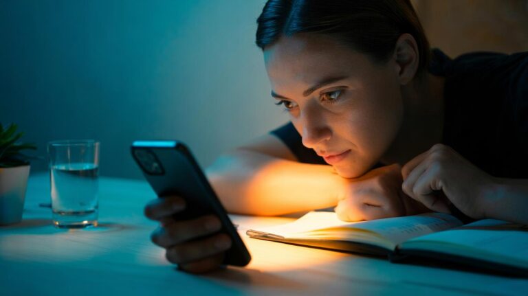 Illustration of a person redirecting focus from a phone notification to break a negative habit loop