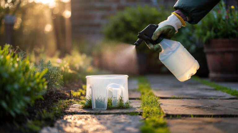 Illustration of a spray bottle of white vinegar used to spot-treat garden weeds