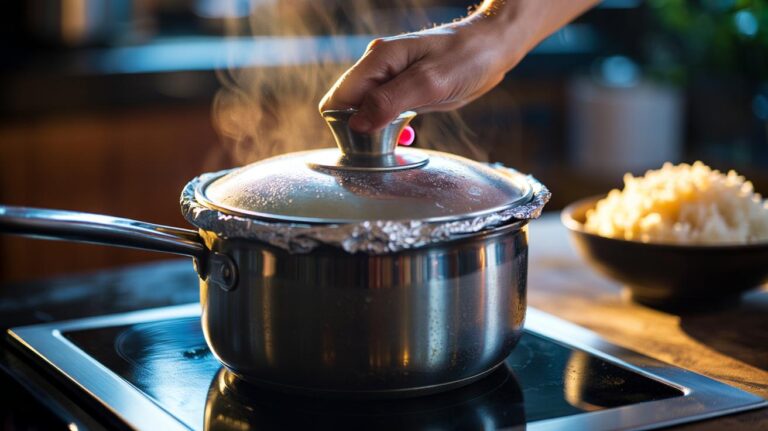 Illustration of a saucepan of rice sealed with foil beneath the lid, trapping steam for even cooking