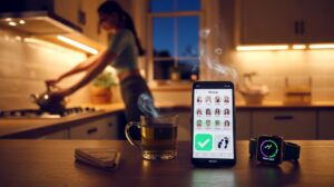 Illustration of people sharing nighttime weight-loss check-ins in a group chat, with a kitchen-closed post, a mug of herbal tea, and dim evening light to signal shared goals and social proof