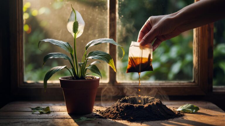 Illustration of a used teabag being applied to the soil of a wilted houseplant to enrich soil nutrients with tannins